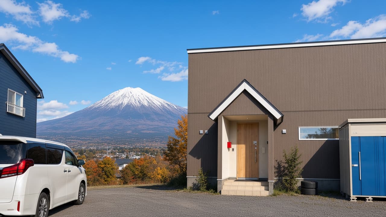 Happy House Niseko 外立面:木色门口、羊蹄山与蓝天