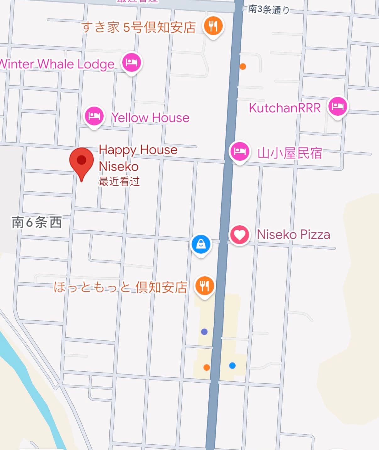 Happy House Niseko 在俱知安町南 6 条西的位置示意